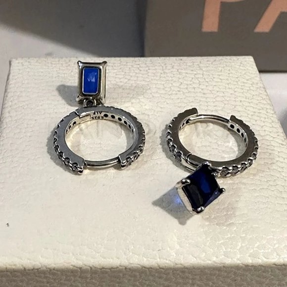 Pandora Blue Rectangular Sparkling Hoop Earrings NEW & AUTHENTIC - Picture 2 of 6